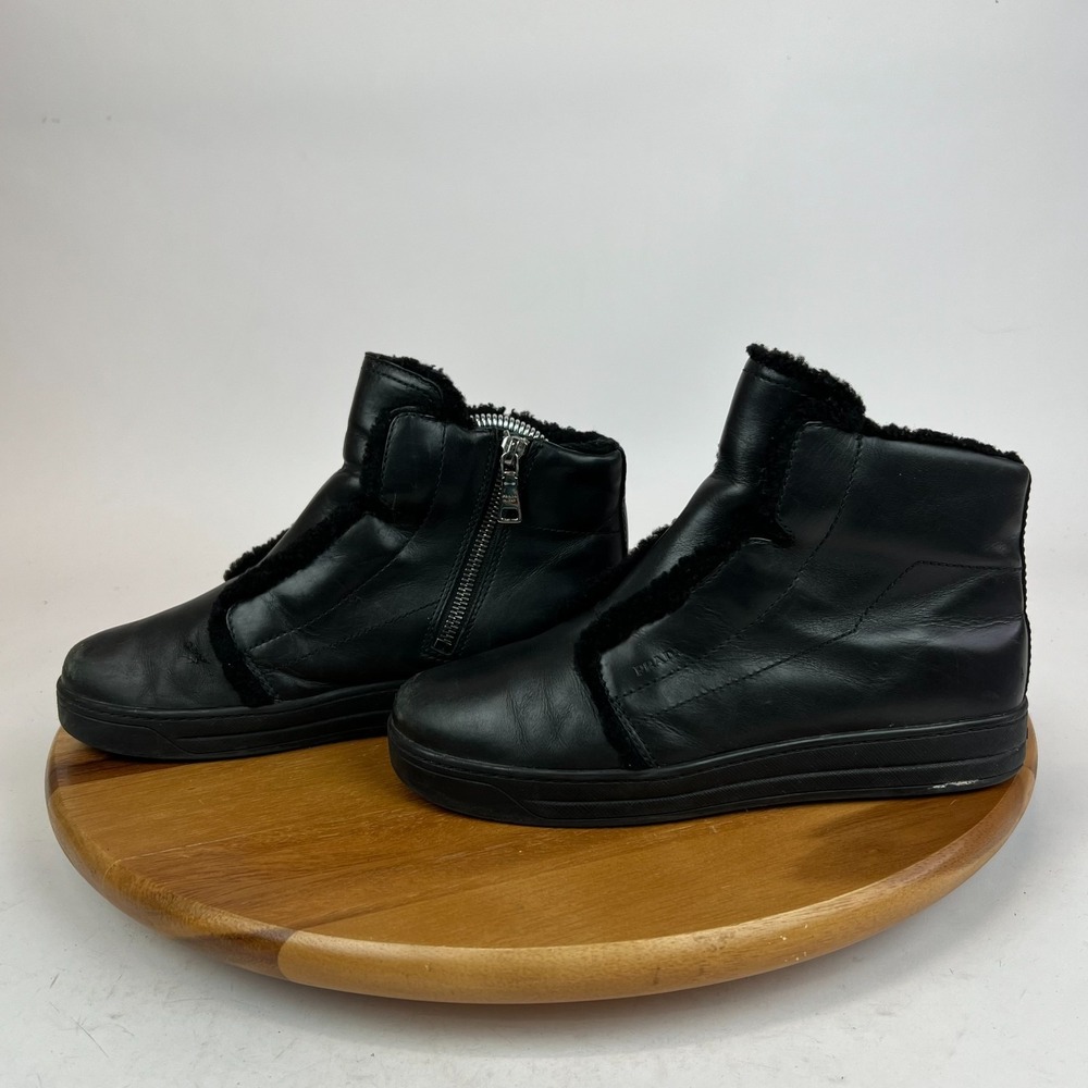Womens Prada Sport Black Leather Shearling‎ High Top Hidden Wedge Sneakers EU 36 - Picture 2 of 12